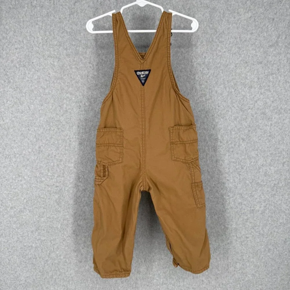 OshKosh Bgosh Boys Lightweight Canvas Overalls Size 24M Khaki Plaid Contrast EUC
